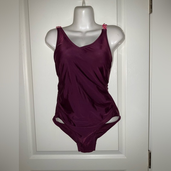 Kona Sol Macrame Straps High Coverage One Piece Swimsuit Burgundy Purple - Picture 2 of 7